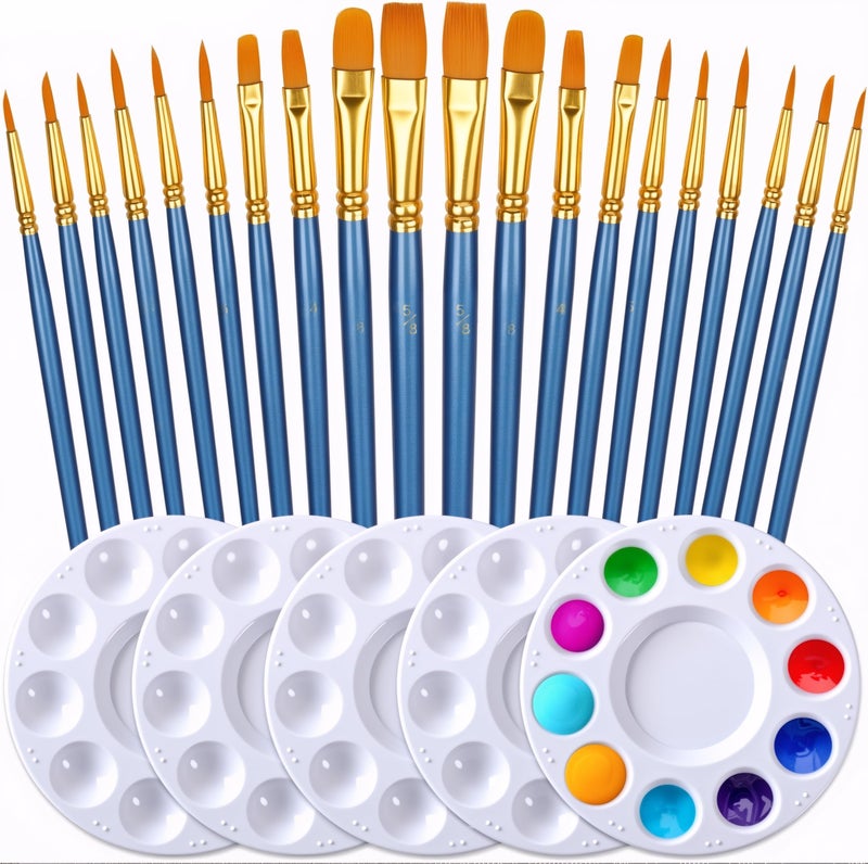 DUGATO Artist Paint Brush & Palette Set - 20 Nylon Brushes (Assorted Sizes & Shapes) with 5 Mixing Trays - Ideal for Acrylic, Watercolor, Oil & Gouache Painting - Image 1